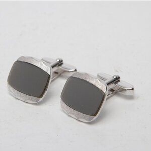 Silver Tone Metal Grey Olive Glass Cuff Links Square Retro Casual